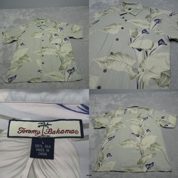Tommy Bahama Silk Shirt Mens‎ Large Green Floral Hawaiian Short Sleeve Button Up - Picture 1 of 14